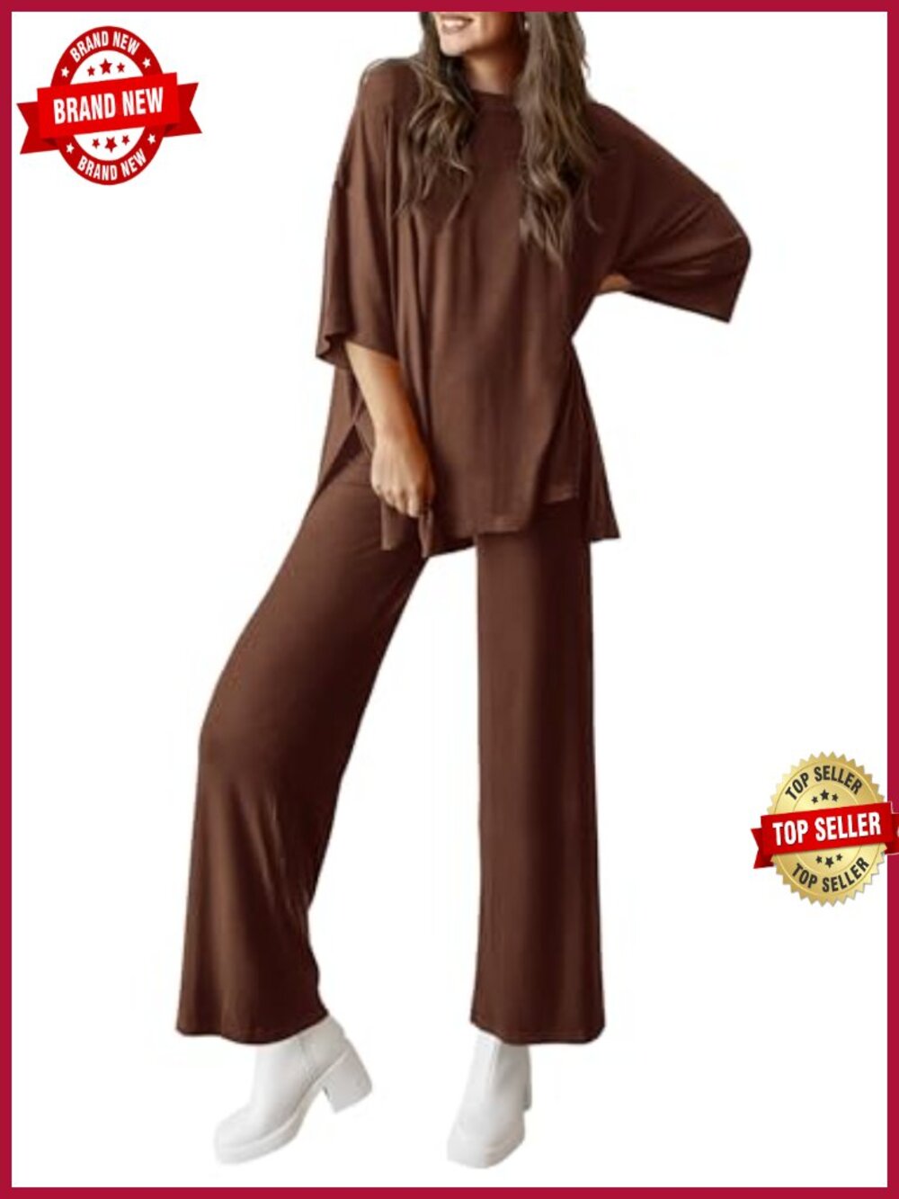 Women 2 Piece Lounge Set Knit Wide Leg Pants Short Sleeve Top Tracksuit